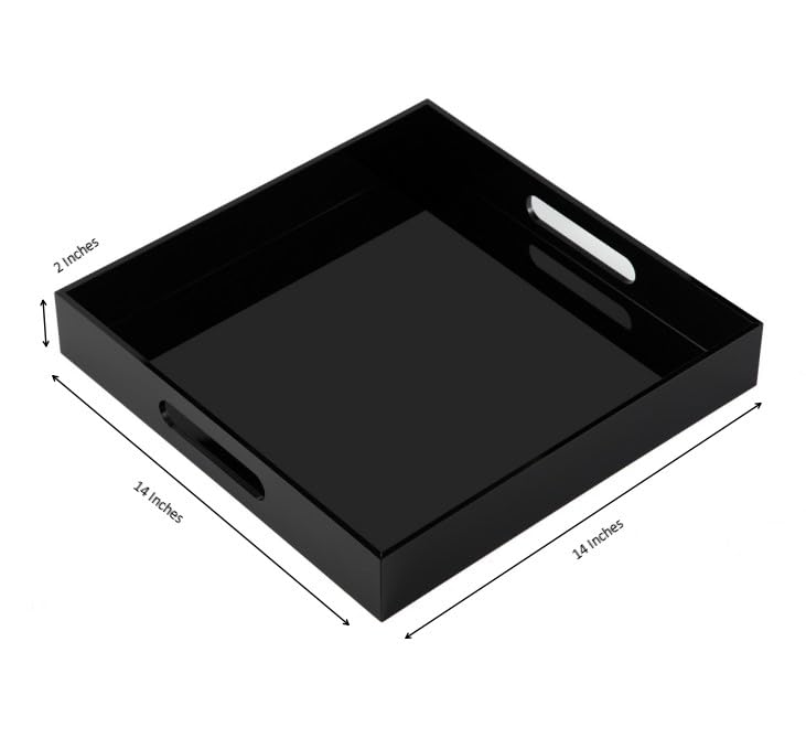 KEVLANG Glossy Black Acrylic Serving Tray - 14x14Inch, Multipurpose, Sturdy, Modern Style, Spill Proof, Countertop Organizer, Vanity Table Tray - color: Glossy Black, size: 14" x 14" x 2"