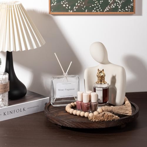 Round Decorative Tray Wood Bathroom Counter Organizer Farmhouse Kitchen Decor Wooden Riser for Soap Dish, Perfume, Candle, Sponge, 12" - Bark Brown - color: Dark Brown, size: 12"