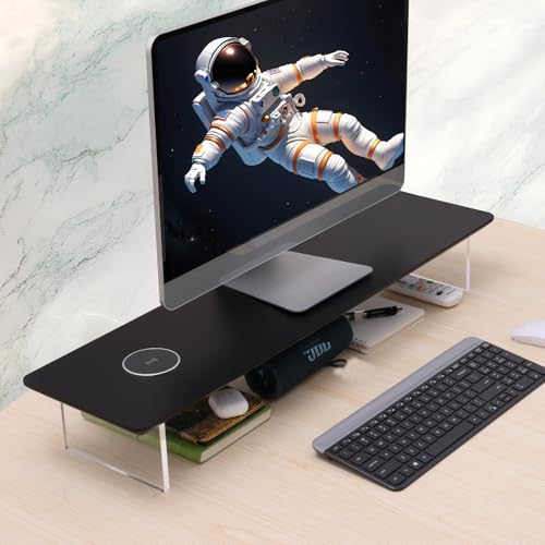 SUIBIAN Black Monitor Stand Riser with Wireless Charging 31.5Inch Large, Computer Monitor Stand,Wooden Desktop Organizer Shelf for Office Desk Computer,Laptop,TV (Black Oak) - color: Black Oak