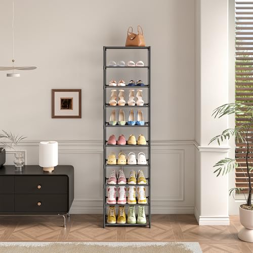 Autonomier 10 Tier Tall Shoe Rack, Non-Woven Fabrics Compact Narrow Shoe Stand Shelf, Vertical Small Space Saving Storage Organizer for Closet Floor, Front Door Entrance, Entryway, Black - size: 10-Tier