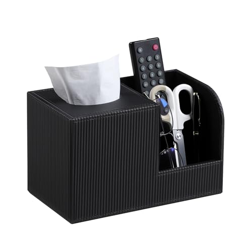 Square Tissue Box Cover with 2 Compartments Storage Organizer, PU Leather Tissue Box Holder with Remote Control Holder for Livingroom Nightstand, Multifunctional Cube Tissue Holder (Black) - color: Black