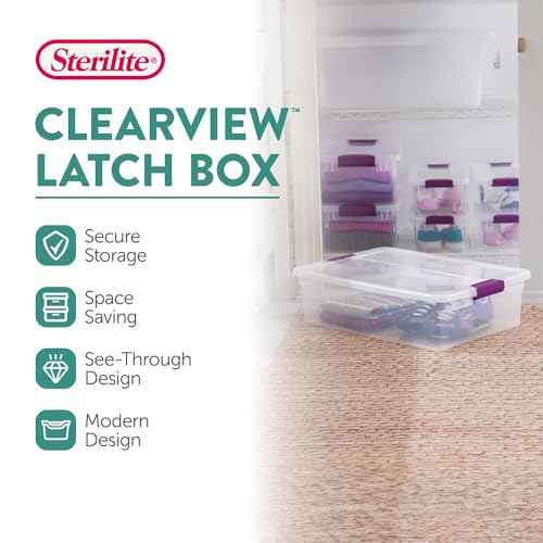 Sterilite 32 Qt ClearView Latch Storage Box, Stackable Bin with Latching Lid, Plastic Container to Organize Clothes Underbed, Clear Base, Lid, 6-Pack - size: 6 Pack, style: 32 Quart