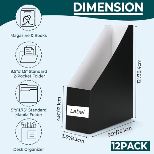 EXYGLO 12 Pack Black Magazine File Holder, Cardboard Magazine Rack with Label, Foldable Storage Organizer Box for Book, Documents, 9.9x3.3x12 Inches - color: Black