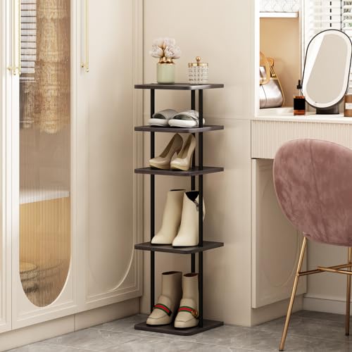 SORCEDAS 5 Tiers Vertical Shoe Rack Wooden Shoe Storage Organizer for Space Saving Narrow Shoe Shelf Storage 5 Pairs for Entryway Living Room Bedroom(Black + Rustic Dark Brown) - color: Black + Rustic Dark Brown, size: 5 Tier-Standard