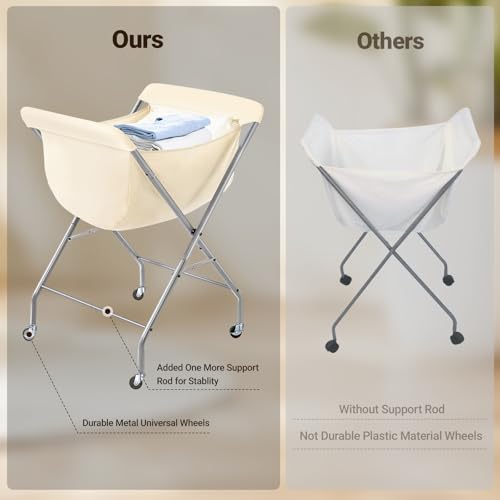 ELYKEN Laundry Cart with Wheels, 33”H Easy Rolling Laundry Hamper with Removable Liner Bag, Sturdy Metal Frame Clothes Basket with 4 Casters and 2 Brakes - color: Creamy, size: 25.6"L x 22"W x 33"H