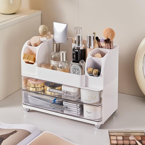 Makeup Organizer with Drawers for Vanity,Bathroom Countertop Organizer with Brushes Holder,Skincare Storage Organizer,Perfect Cosmetic Display Case for Skincare,Lipstick and Beauty Essential (White) - color: White