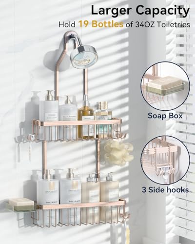 YASONIC Shower Caddy Hanging, Never Rust Shower Organizer Hanging, Aluminum Shower Racks for Inside Shower with Hooks for Razor, Bathroom Organizers and Storage with Soap Holder, Rose Gold - color: Rose Gold