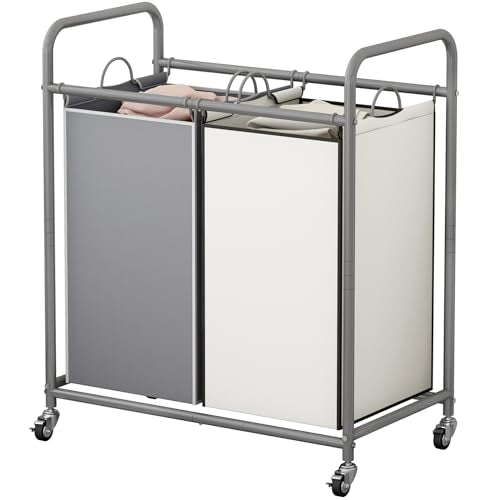SUOERNUO Laundry Hamper Basket 2 Bag Laundry Sorter Cart with Rolling Lockable Wheels and Removable Bags Laundry Organizer Cart for Clothes Storage (Grey+Beige, 2 Bags) - color: Grey+Beige, size: 2 Bags