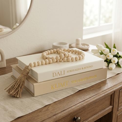 Decorative Fake Books Storage Set - 3-Piece Linen Coffee Table Decor (2 Faux Books + 1 Wood Bead Garland), Neutral Boho Japandi Room Styling Props for Bookshelf & Entryway (Khaki/Off-White) - color: Khaki-White(with bead garland)