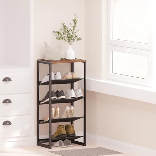 CHEMPFR Narrow 5-Tier Shoe Rack, Slim Space-Saving Shelf with Decorative Wood Top & Steel Mesh, Entryway/Closet/Dorm Organizer, 16.5x11.8x36 Inches - size: 5 Tier (16.5″x11.8″x36″)