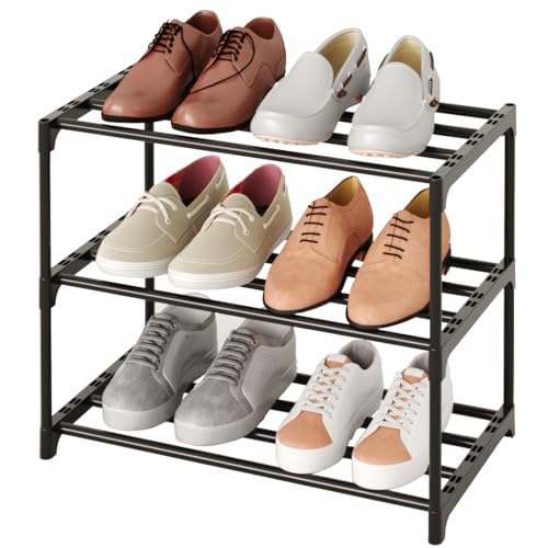 Small Stackable Shoe Rack,Narrow Kids Shoe Stand,Metal Shoe Storage Shelf for 6-8 Pairs of Shoes Entryway and Closet Hallway(3-Tier, Black) - color: Black, size: 3-Tier (no handle)