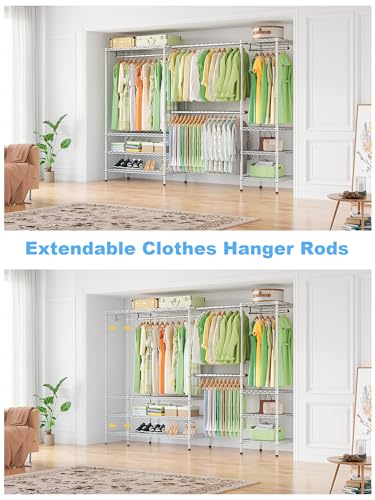 Ulif E11 Heavy-Duty Garment Rack, Metal Freestanding Clothes Rack and Closet Storage Organizer System with 8 Shelves and 4 Hanger Rods, (73.2-97.6)" W x 14.5" D x 71.2" H, Load 1034 LBS, Chrome - color: Chrome