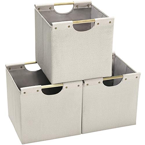 HOONEX Collapsible Storage Bins, 13x13x13in Storage Cubes Linen Fabric, 3 Pack, Storage Baskets with Wooden Carry Handles and Sturdy Heavy Cardboard, for Home, Office, Car, Nursery, Beige - color: Beige, size: 13" L x 13" W x 13" H