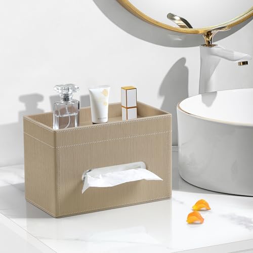 Plus Size Tissue Box Cover Rectangle, PU Leather Tissue Box Holder with Storage Tray, Decorative Organizer Tissue Holder for Bathroom, Bedroom Dresser, Night Stand, Office (Wooden Color) - color: Wooden Color