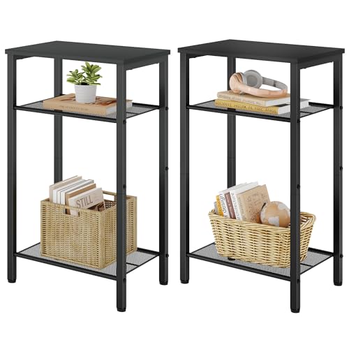 Hoctieon 2-Set 3 Tier End Table, Telephone Table Set of 2, Tall Side Table with Storage Set of 2, Small Nightstand for Small Spaces, Metal Frame, for Living Room, Bedroom, Sofa Couch, Black - color: Black, size: 2 Pack