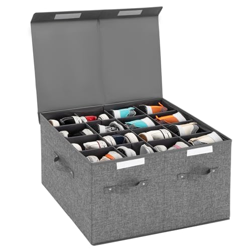 Shoe Organizer for Closet Fits 16 Pairs, Large Shoe Storage Box Bins Containers with Lid and Adjustable Dividers for Shoes, Sneakers and High Heeled, Hard Shell and Stackable (Grey) - color: Grey