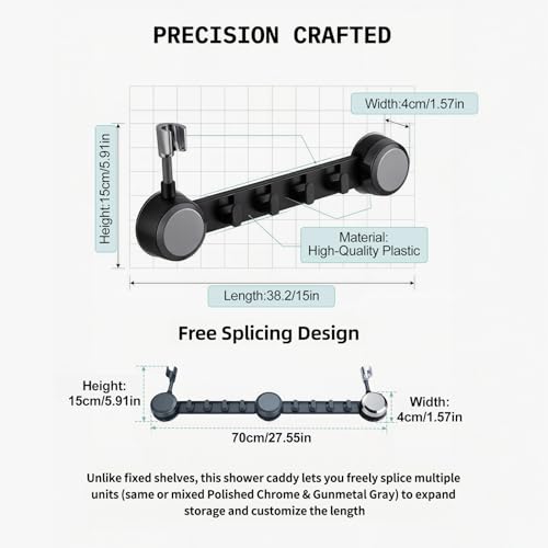 No Drill Shower Caddy with Adjustable Shower Head Holder, 20 LBS Rustproof Wall Mounted Shower Organizer with 4 Hooks, Waterproof Adhesive Bathroom Storage Rack, Space Saving, Gunmetal Gray - color: Gunmetal Gray