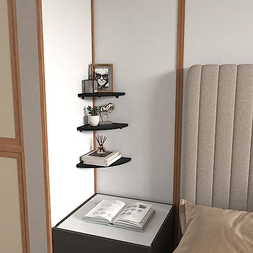 HORLIMER Floating Corner Shelf Wall Mount, Set of 6 Rustic Wood Corner Wall Shelves for Bedroom, Living Room, Bathroom, Kitchen (Black) - color: Black - 6 Pack, size: Fan-Shaped