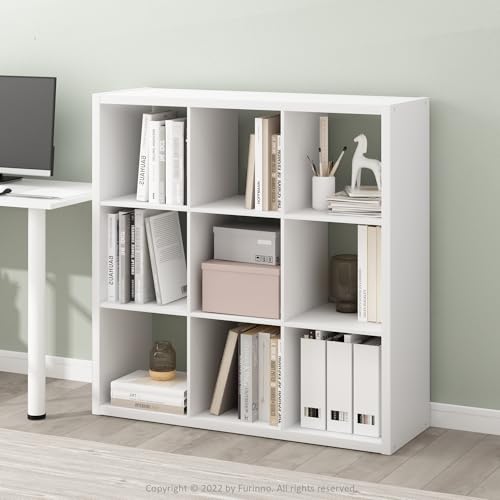 Furinno Cubicle Book Shelf, 9-Cube Bookshelf, Extra Thick Frame Reversible Tall Wide Bookcase with Open Back, 14.6 x 44 x 44, for Living Room, Bedroom, Home Office, Plain White - color: Plain White, size: 9-Cube