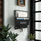 Wooden Mail Organizer with Key Hooks, Rustic Wall Mounted Letter Holder, Farmhouse Mail Sorter with Hooks, Bill Letter Storage for Entryway, Black