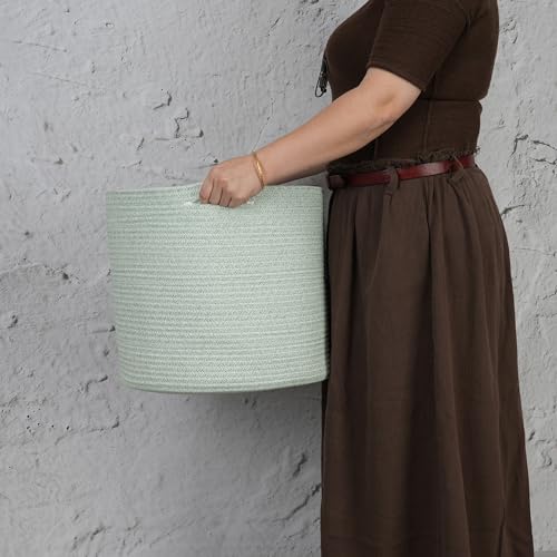 XUANGUO Cotton Rope Baskets For Girls Boys Kids 16”X14” Baby Laundry Basket Nursery Bin Round Woven Basket Organizer For Storage Toys Blankets Shoes Clothes light green - color: light green