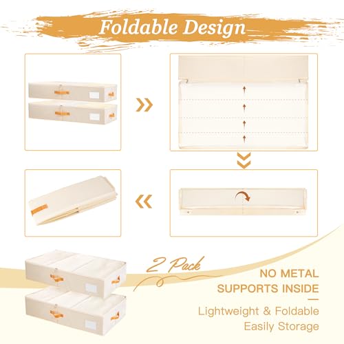 Criusia Under Bed Storage Bins with Clear PVC Lids – 2 Pack Large Underbed Organizers with Heavy-Duty Handles, Reinforced with 800G PP Panels & 80G Non-Woven Fabric – Waterproof & Foldable, Beige - color: 2 Pack Beige