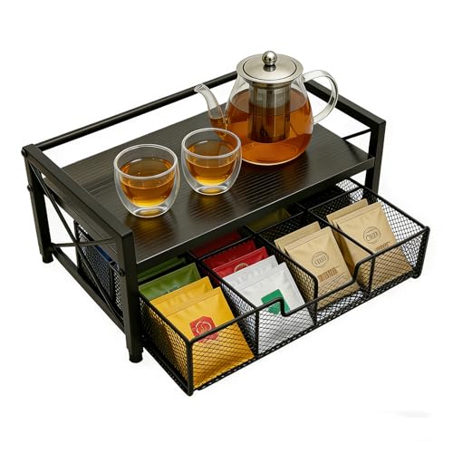 Tea Bag Organizer With Adjustable Drawer, Teabag Bar Holder Organizer For Counter, Wood ＆ Metal Station Storage Chest Display, Coffee Packet Containers Box For Countertop Kitchen Office Black - color: Black