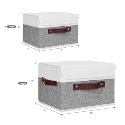 ANMINY Storage Boxes with Lids Washable Decorative Storage Bins Basket with PU Leather Handle Foldable Linen Fabric Storage Cubes Containers for Home Closet Organizer - Gray White, Small Size - color: Gray White, size: Small (Pack of 1)