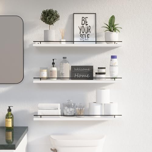 WOPITUES Floating Shelves 24 inch with Gold Metal Guardrail, Shelves for Wall Decor Set of 3, Wall Shelves for Bedroom, Bathroom, Kitchen, Living Room, Plants, Picture Frames, Art- Black and White - color: Black and White, size: 23.6 inch