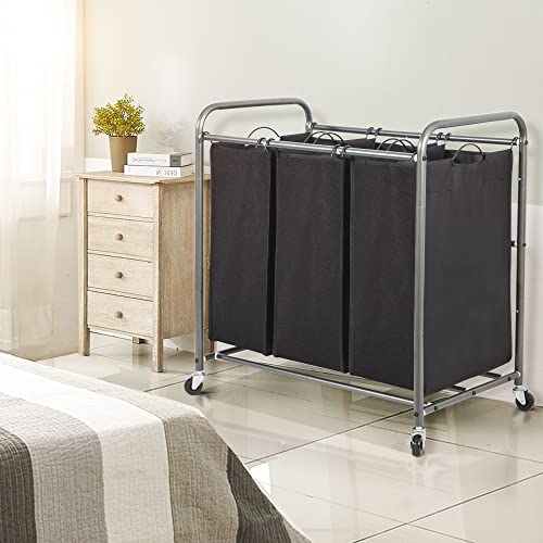 STO STO Laundry Sorter 3 Section, 3 Bag Clothes Hamper, Rolling Laundry Cart Basket with Heavy Duty Lockable Wheels and Removable Bag for Laundry Room, Bedroom, Closet, Black - color: Black, size: 3-Section