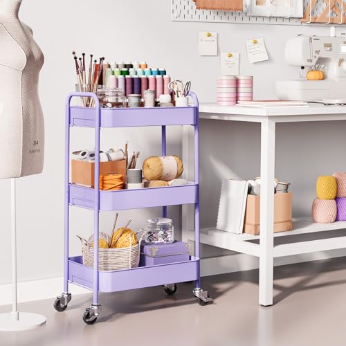 TOOLF 3-Tier Rolling Cart - Metal Utility Storage Organizer with Lockable Wheels, 33 lbs Per Shelf, Tool-Free 5-Min Assembly, for Kitchen Bathroom Office Nursery Craft Room, Purple - color: Purple, size: 3-Tier