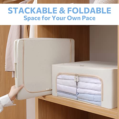 CYhom 3Pack Frame Storage Box - Clothes Storage Bin Bags Oxford Fabric Foldable Stackable Container Organizer Set with Clear Window & Carry Handles (Beige, Medium-44L) - color: Beige, size: Medium-44L