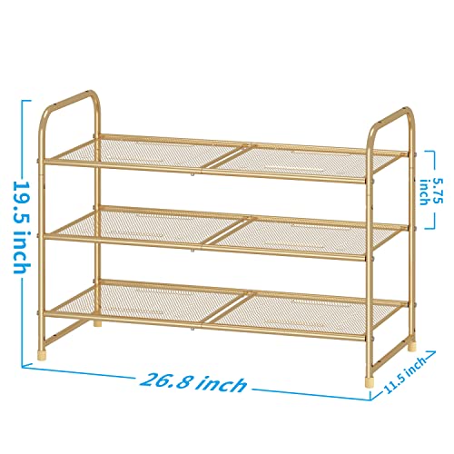Simple Trending 3-Tier Stackable Shoe Rack, Expandable & Adjustable Shoe Shelf Storage Organizer, Metal Mesh, Gold