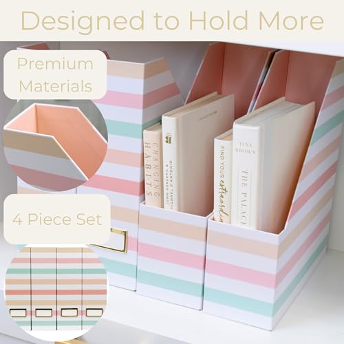 BLU MONACO | Cardboard Magazine File Holder Set of 4 | Vertical Magazine File Holder with Gold Label Slots | Standing File Holder and Cardboard Bins for Shelves Desk Classroom - color: Pastel Stripes