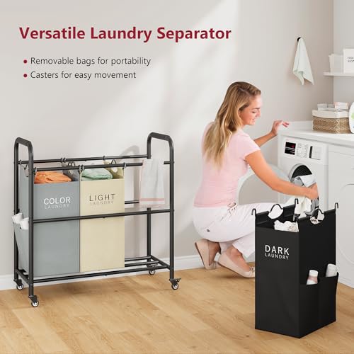 Tajsoon 3 Bag Laundry Sorter Cart, Laundry Hamper Sorter Basket with Heavy Duty Lockable Rolling Wheels for Clothes Storage, 3 Colors - color: GreyWhiteBlack, size: 3 Bag