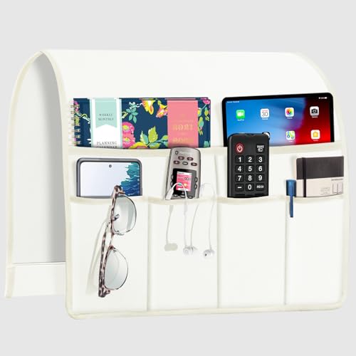 Joywell Remote Control Holder for Recliner Armchair Couch Caddy Sofa Armrest Organizer Non Slip Sofa Arm Chair Caddie with 6 Pocket Storage for Magazine, Tablet, Phone, iPad, White - color: White, size: 19'' x 35''