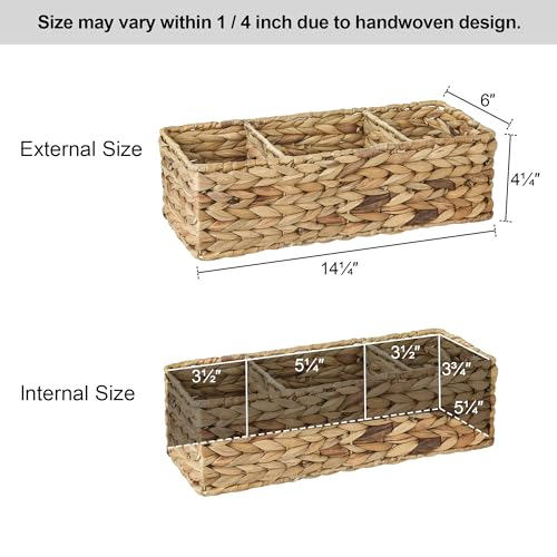 StorageWorks Wicker Basket Tank Topper, Wicker Storage Basket for Shelves, Toilet Paper Basket for Back of Toilet Tank Top, 3-Section Water Hyacinth Storage Baskets, 2-Pack - color: Natural(Water Hyacinth), size: 14¼"L x 6"W x 4¼"H