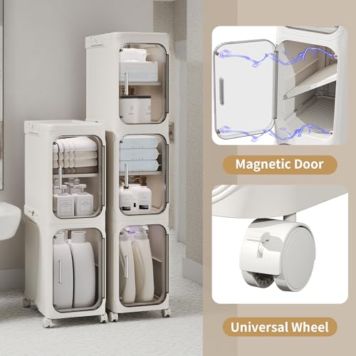 5-Tier Tall Narrow Storage Cabinet, Slim Bathroom Storage Cabinet with Adjustable Shelves and Wheels, Narrow Organizer for Small Space, Bathroom, Kitchen, Laundry, White - color: White, size: 5-Tier