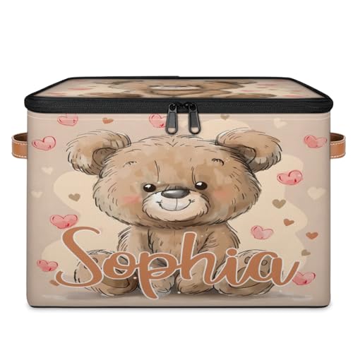 Custom Storage Basket with Name, Personalized Storage Bins with Zipper Lid, Foldable Fabric Storage Box Large capacity with Handle Love Bear - color: Option 25