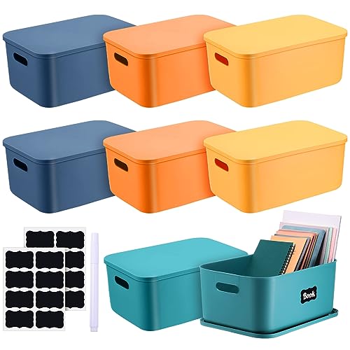 Tanlade 8 Pcs Plastic Storage Bins Stackable Baskets with Lid and Handle Colorful Desktop Storage Box Cubby Containers for Shelf Bedroom Office, Include 1 Erasable Marker, 16 Stickers (14 x 10 x 6 In) - size: 14 x 10 x 6 in