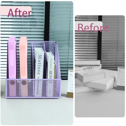 Desk Organizers, Metal Magazine File Holder with 4 Vertical Compartments Rack Binder File Organizer for Office Supplies, Home Workspace - Purple - color: Purple, size: 4 Compartments