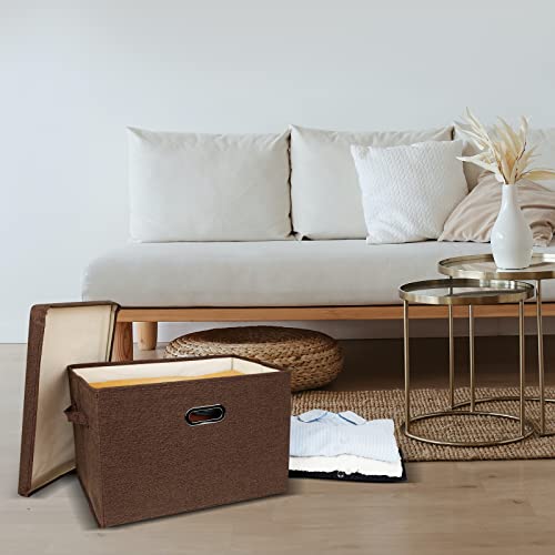 DAYARD Foldable Storage Boxes with Lids Linen Fabric Stackable Storage Bins Organizer Containers Baskets Cube with Cover for Closet Office Nursery, Coffee XL (20 x 14 x 12) - color: Coffee, size: XL