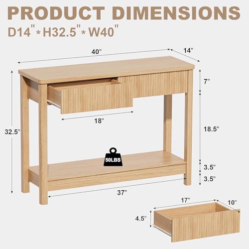 INNOD Entryway Table with Storage, 40" Fluted Console Table with Drawers, Narrow Console Table for Entryway, Sofa Table Behind Couch, Wood Hallway Table for Living Room, Foyer, Small Space (Light Oak)