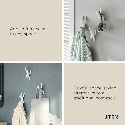 Umbra Buddy Wall Hooks – Decorative Wall Mounted Coat Hooks for Hanging Coats, Scarves, Bags, Purses, Backpacks, Towels and More, Set of 3, White - color: White
