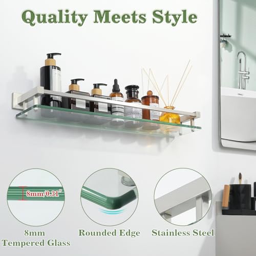 Alise Glass Bathroom Shelves Wall Mounted, 24 Inch Tempered Floating Shelves Bathroom, Stainless Steel Bathroom Glass Shelf - color: Brushed Nickel, size: 24 Inch