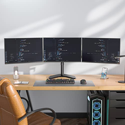 WALI Triple Monitor Stand, Free Standing Three LCD Monitor Fully Adjustable Desk Mount Fits 3 Screens up to 27 inch, 22 lbs Weight Capacity per Arm (MF003), Black - size: Triple, style: Free-Standing