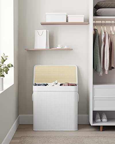 SONGMICS Laundry Hamper, 39.6 Gallons (150L), 3-Section Laundry Basket, Laundry Hamper with Lid, Bamboo, Foldable, Removable and Machine Washable Liner, for Laundry Room, Bedroom, White ULCB091W01
