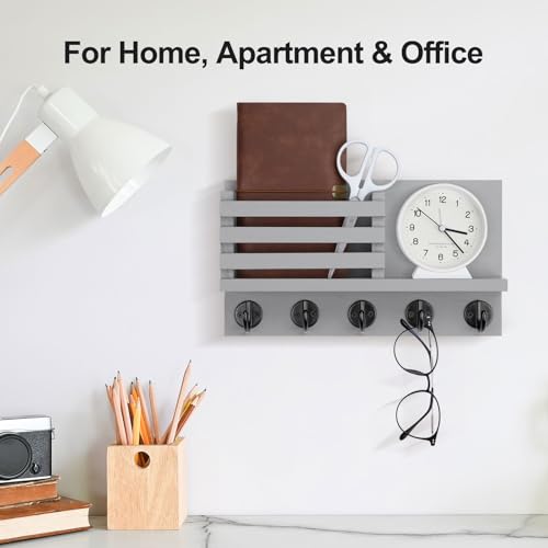 Lwenki Key Holder for Wall – Decorative Wooden Mail Holder and Key Shelf with Mounting Hardware, Installation Guide – Paulownia Wood with Metal Key Hooks (Gray, Large - 11.8inch) - color: Gray, size: Large - 11.8inch