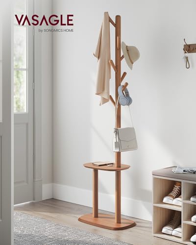 VASAGLE Coat Rack, Free Standing Coat Stand, Hall Coat Tree with 8 Hooks and Storage Shelf, 67.2 Inch Tall, for Coats, Hats, Bags, for Entryway, Hallway, Bedroom, Caramel Brown URCR040K01 - color: Caramel Brown, style: rectangular tray