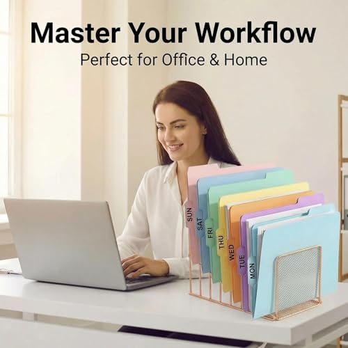 Simmer Stone Rose Gold Desk Organizer 7 Slot Inclined Vertical File Folder Holder Sorter with Mesh Front – Metal Wire Rack for Mail, Slim Binders, Books Office Organization & Desktop Accessories - color: Rose Gold